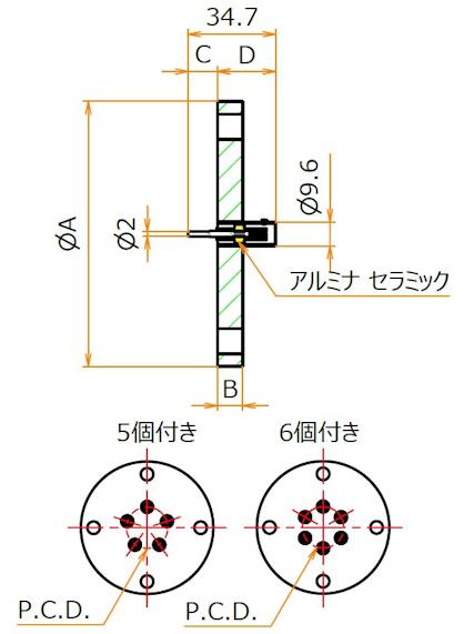 同軸 BNC-R-M2-SCREW 6個付き VF40 フランジ 寸法画像